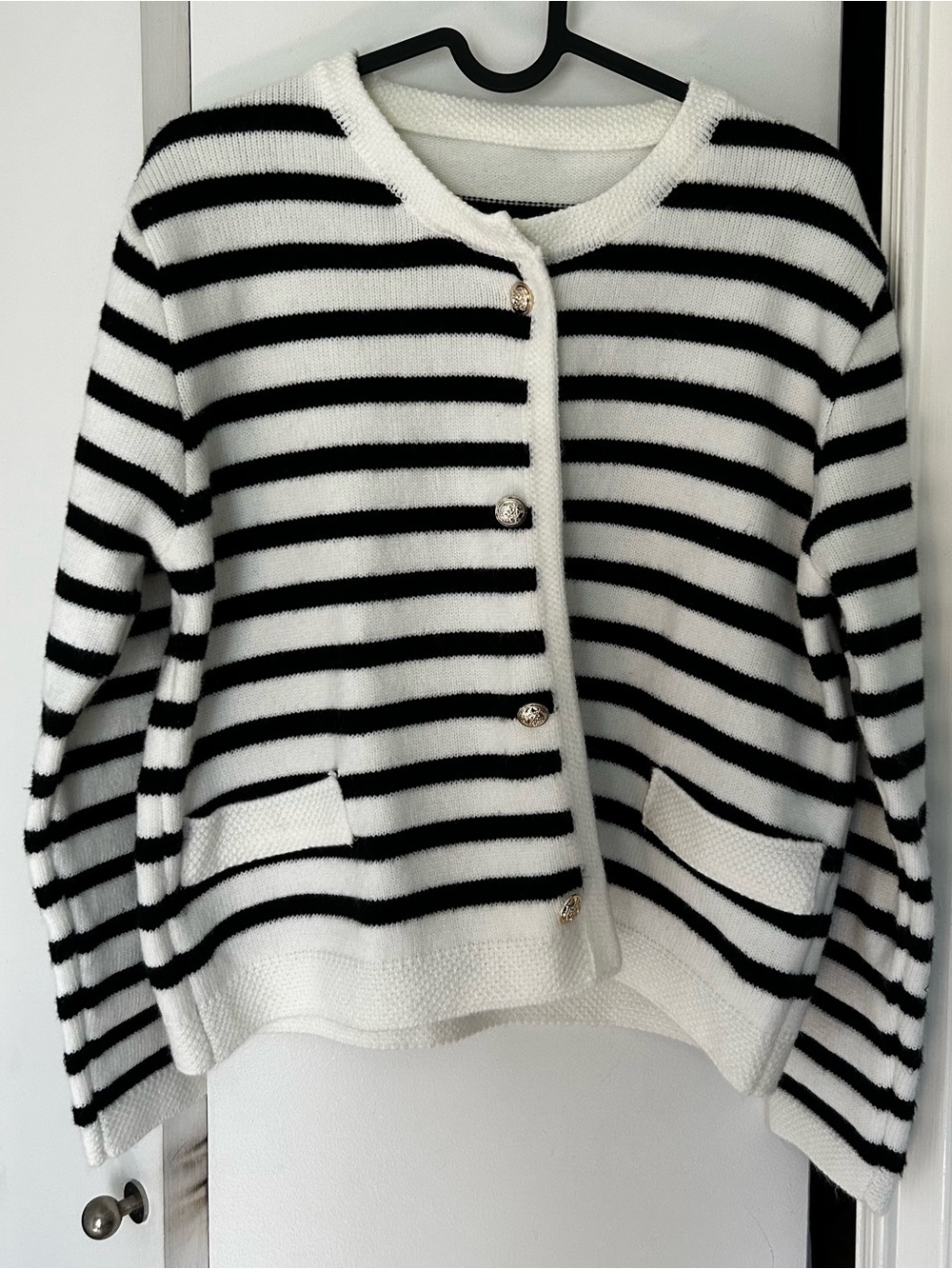 Classic Striped Button-Front Women’s Sweater - Black & White
